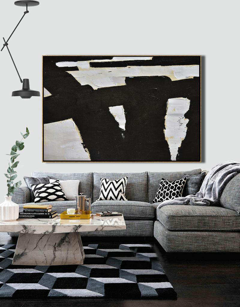 Hand Painted Abstract Art,Horizontal Palette Knife Minimal Canvas Art Painting Black White Beige - Xl Large Canvas Art